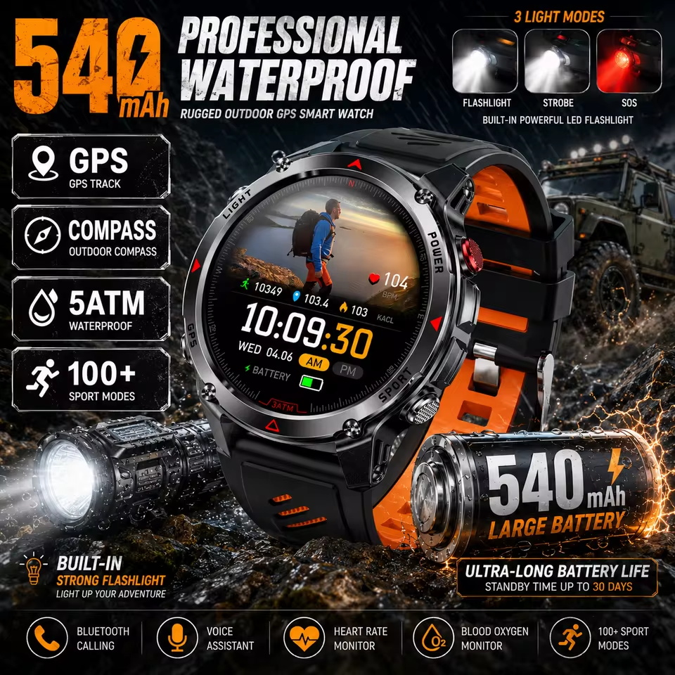Resistance Bands Set With Handles - Military 540mAh GPS Smart Watch 3ATM