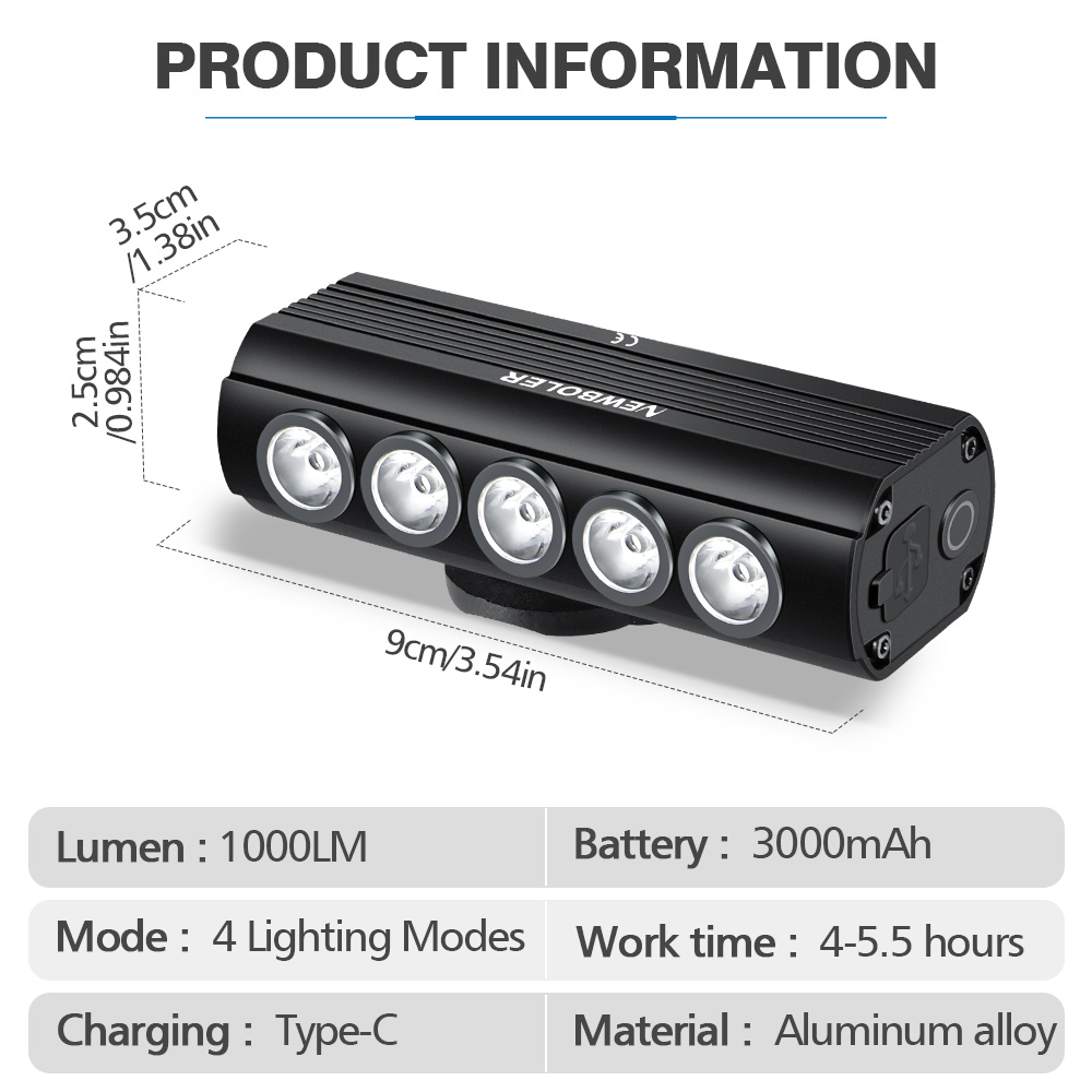 NEWBOLER Bicycle Light Front 1 - Rechargeable Bicycle Headlight 1000 Lumen recension och pris